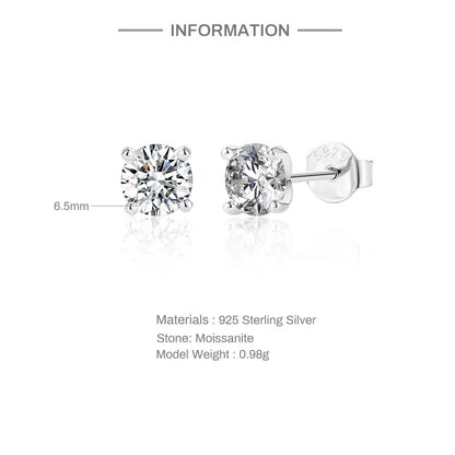 Moissanite Stud Earrings - 0.5 Carat D Color 925 Sterling Silver Sparkling Ear Studs - ZOOMNSTORE