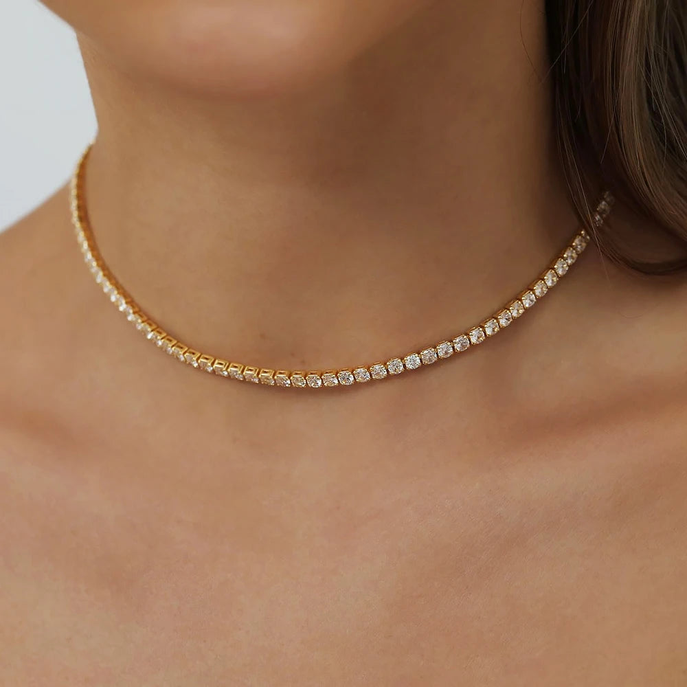 Moissanite Tennis Necklace - Sterling Silver Necklace With 18K Gold Plated Chain, Adjustable Choker Jewelry - ZOOMNSTORE