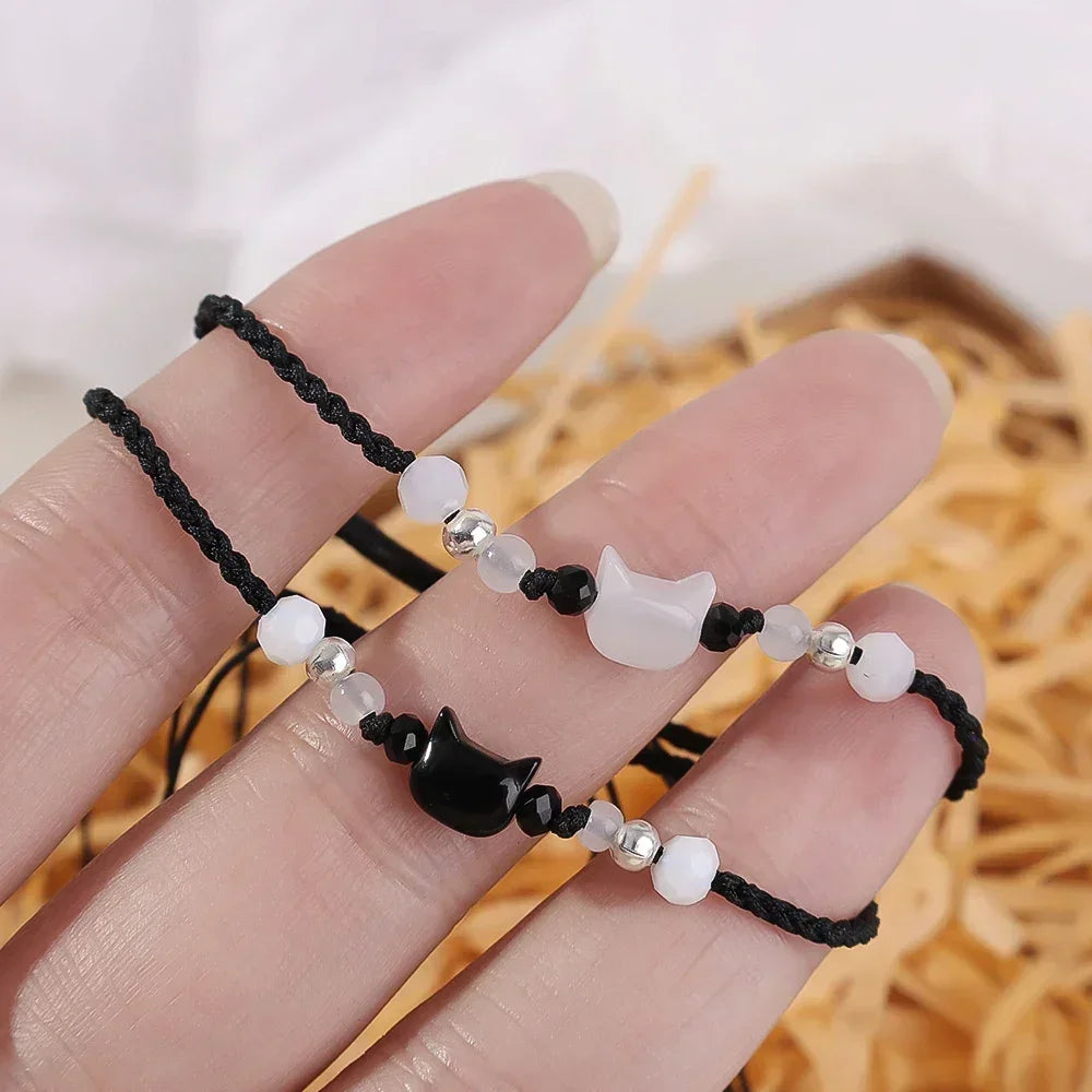 Couples Minimalist Moonstone Obsidian Bracelets - Handmade Cat Jewelry Gifts - ZOOMNSTORE