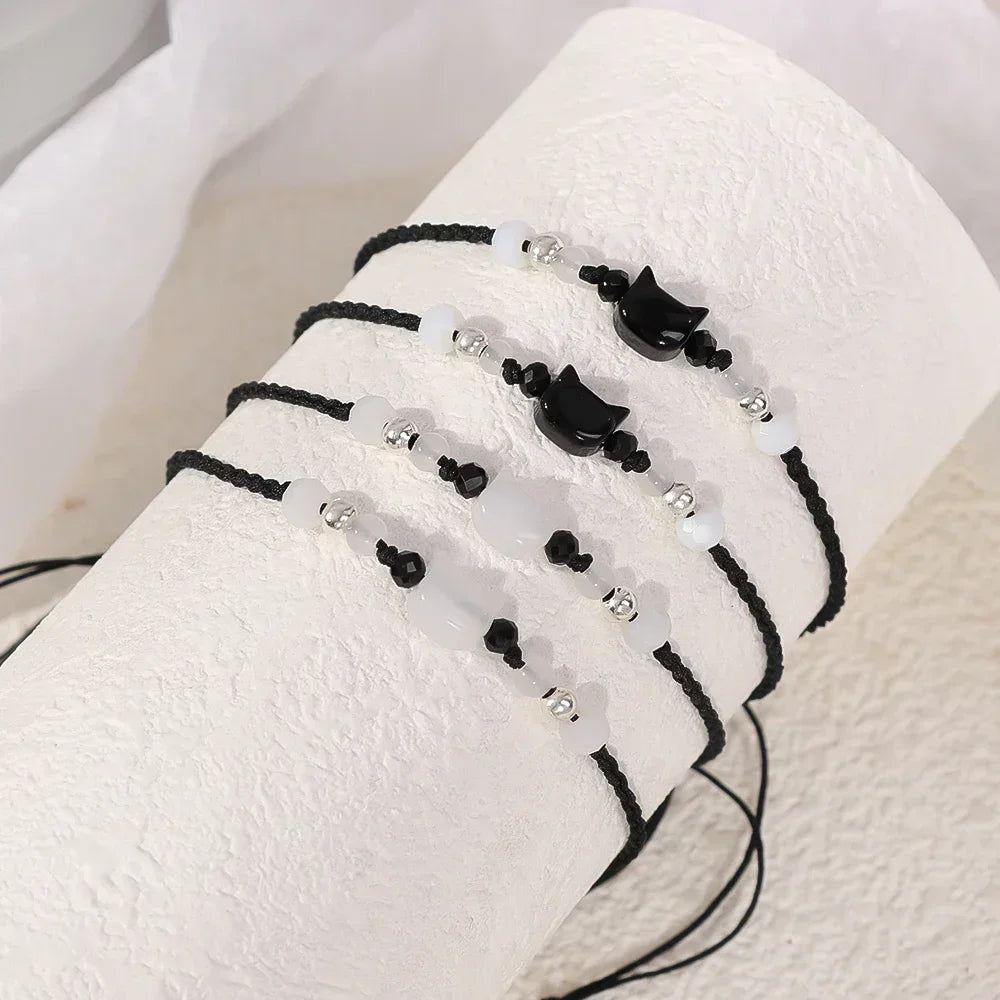 Couples Minimalist Moonstone Obsidian Bracelets - Handmade Cat Jewelry Gifts - ZOOMNSTORE