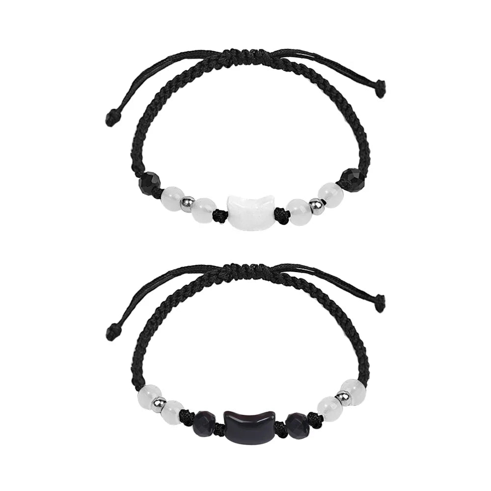 Couples Minimalist Moonstone Obsidian Bracelets - Handmade Cat Jewelry Gifts - ZOOMNSTORE