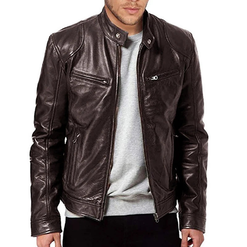 Mens Slim Fit Leather Motorcycle Jacket - Casual Autumn PU Coat - ZOOMNSTORE