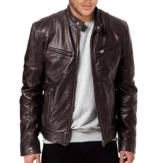 Mens Slim Fit Leather Motorcycle Jacket - Casual Autumn PU Coat - ZOOMNSTORE