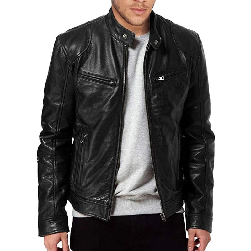 Mens Slim Fit Leather Motorcycle Jacket - Casual Autumn PU Coat - ZOOMNSTORE