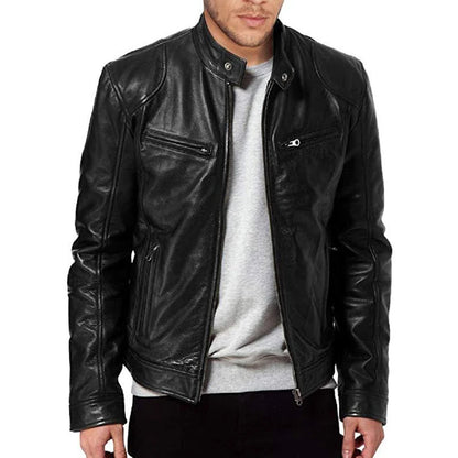 Mens Slim Fit Leather Motorcycle Jacket - Casual Autumn PU Coat - ZOOMNSTORE