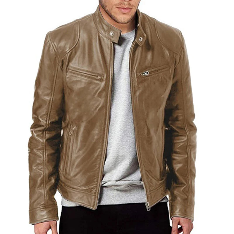 Mens Slim Fit Leather Motorcycle Jacket - Casual Autumn PU Coat - ZOOMNSTORE