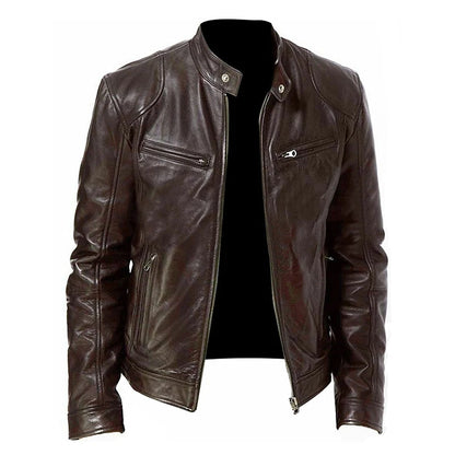 Mens Slim Fit Leather Motorcycle Jacket - Casual Autumn PU Coat - ZOOMNSTORE