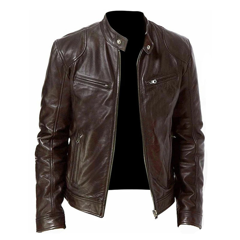 Mens Slim Fit Leather Motorcycle Jacket - Casual Autumn PU Coat - ZOOMNSTORE