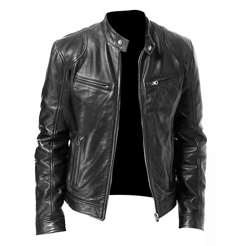 Mens Slim Fit Leather Motorcycle Jacket - Casual Autumn PU Coat - ZOOMNSTORE
