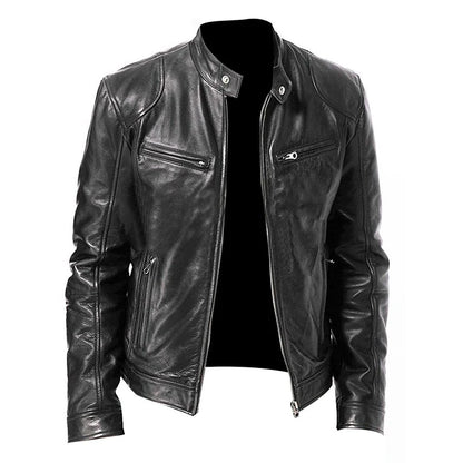 Mens Slim Fit Leather Motorcycle Jacket - Casual Autumn PU Coat - ZOOMNSTORE
