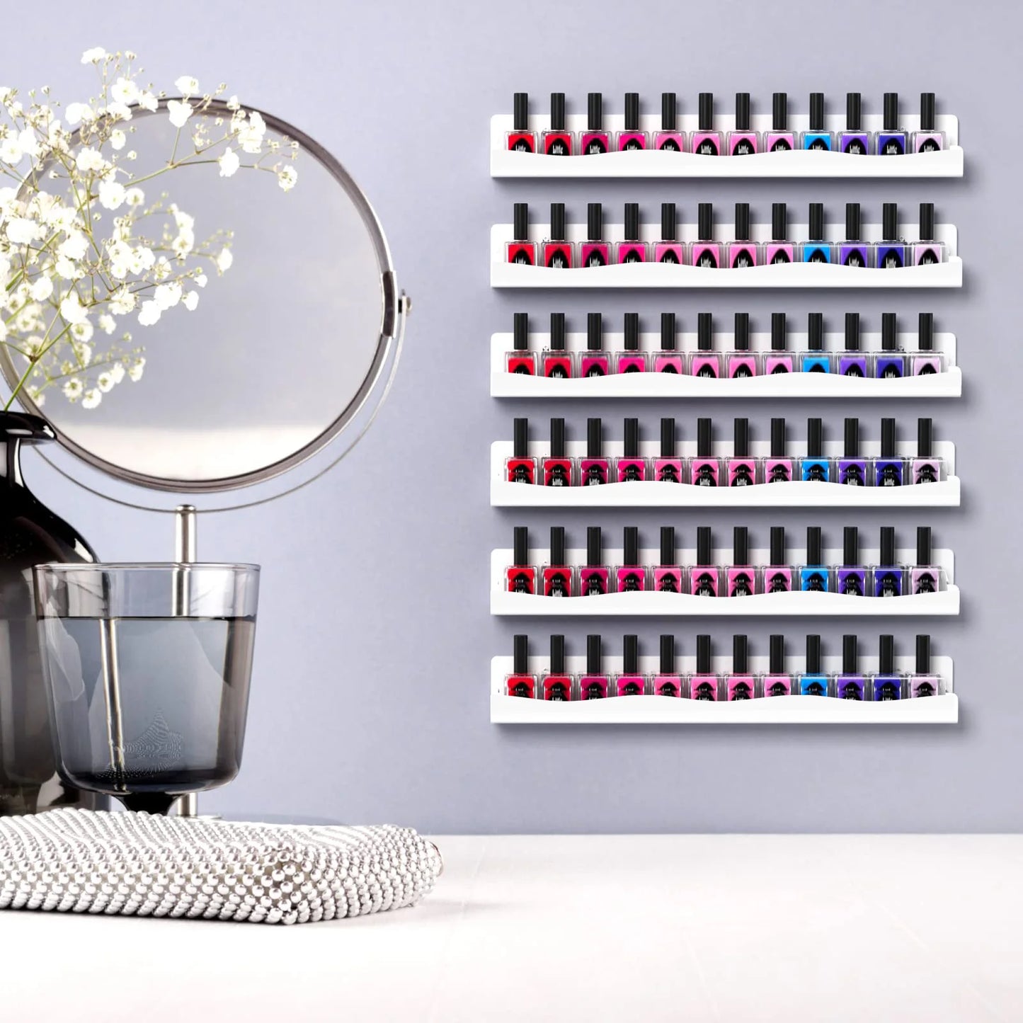 Nail Polish Organizer - Acrylic Wall Nail Shelf 4-Tier White 48 Bottle Rack - ZOOMNSTORE