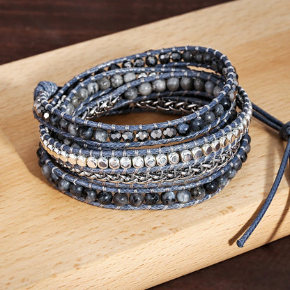 Natural Labradorite Wrap Bracelet - Handmade Grey Wax Rope  Stainless Steel Adjustable Boho Jewelry - ZOOMNSTORE