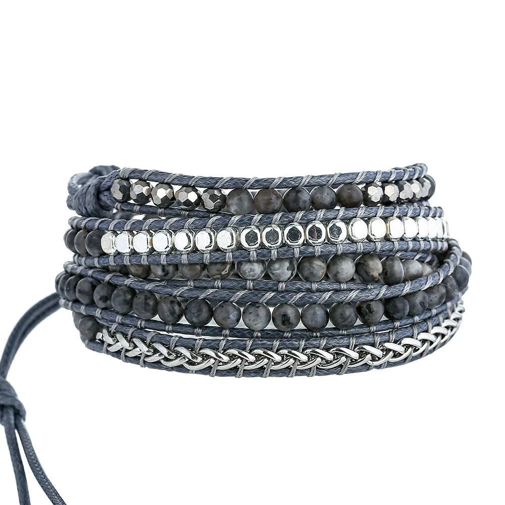 Natural Labradorite Wrap Bracelet - Handmade Grey Wax Rope  Stainless Steel Adjustable Boho Jewelry - ZOOMNSTORE