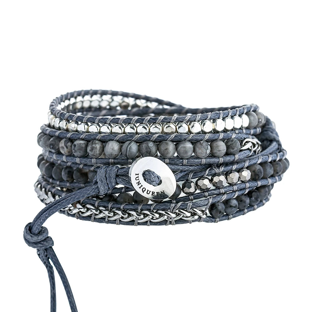 Natural Labradorite Wrap Bracelet - Handmade Grey Wax Rope  Stainless Steel Adjustable Boho Jewelry - ZOOMNSTORE