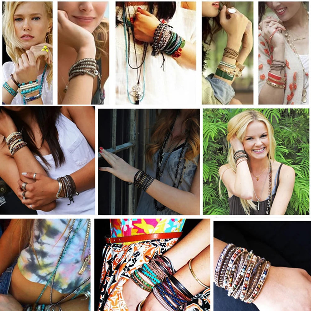 Natural Labradorite Wrap Bracelet - Handmade Grey Wax Rope  Stainless Steel Adjustable Boho Jewelry - ZOOMNSTORE