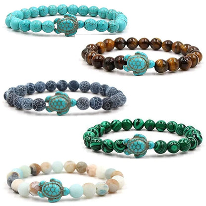 Natural Stone Tortoise Bracelet - Tiger Eye  Turquoise Beaded Sea Turtle Charm for Men  Women - ZOOMNSTORE