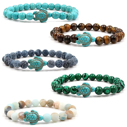 Natural Stone Tortoise Bracelet - Tiger Eye  Turquoise Beaded Sea Turtle Charm for Men  Women - ZOOMNSTORE