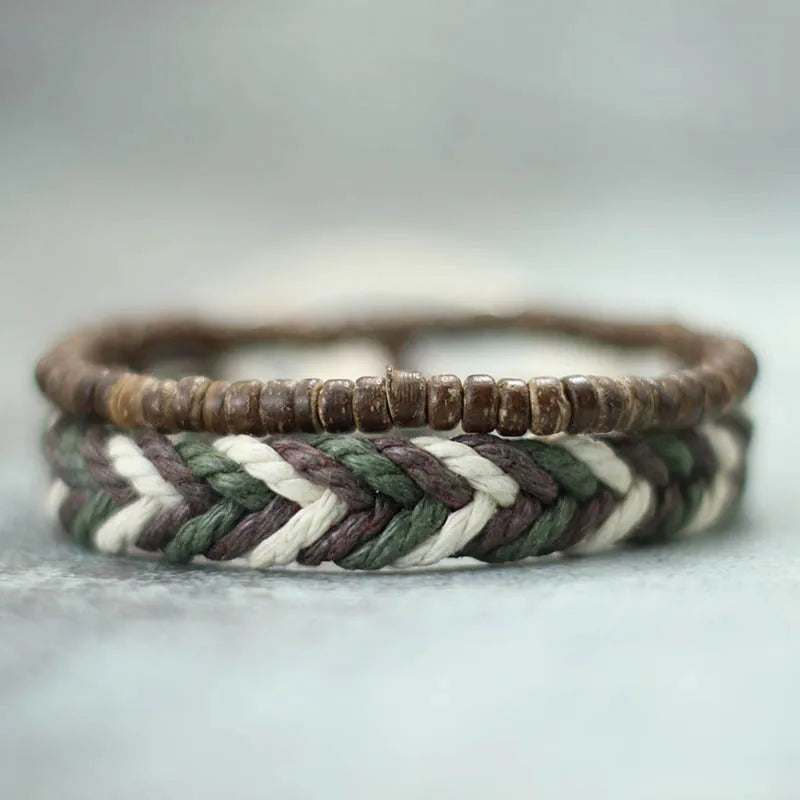 Coconut Husk Wood Bracelet Set - Handmade Mens Lava  Tiger Eye Beaded Jewelry - ZOOMNSTORE