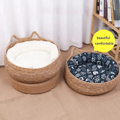 Natural Woven Cat Bed - Universal Washable Heating Pad for All Seasons - ZOOMNSTORE