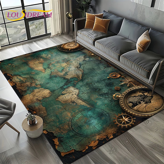 Nautical Map Rug – Retro Marine Compass Carpet | Non Slip Floor Mat for Living Room - ZOOMNSTORE