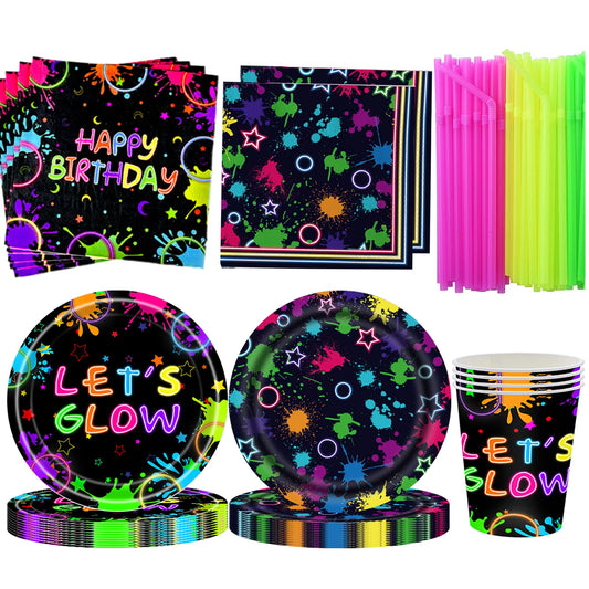Neon Glow Birthday Party Supplies - Disposable Plates Napkins  Cups for Kids - ZOOMNSTORE