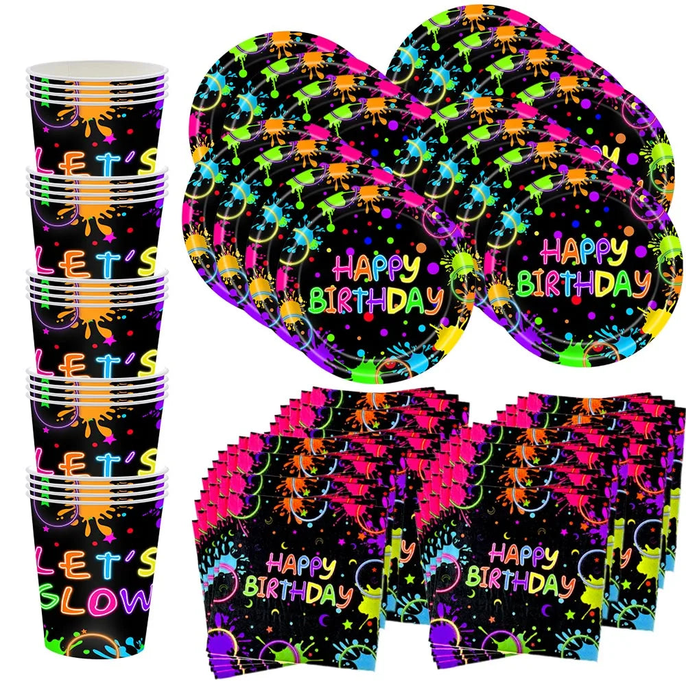 Neon Glow Birthday Party Supplies - Disposable Plates Napkins  Cups for Kids - ZOOMNSTORE