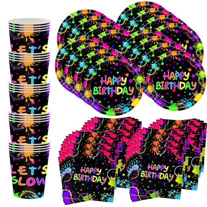 Neon Glow Birthday Party Supplies - Disposable Plates Napkins  Cups for Kids - ZOOMNSTORE
