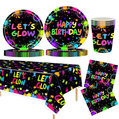 Neon Glow Birthday Party Supplies - Disposable Plates Napkins  Cups for Kids - ZOOMNSTORE