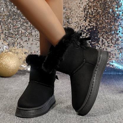 New Fashionable Bow Round Toe Elegant Snow Boots Winter Flat Wear-resistant Soft Students Plus Velvet Warm Women's Shoes - ZOOMNSTORE