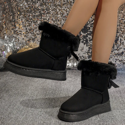 New Fashionable Bow Round Toe Elegant Snow Boots Winter Flat Wear-resistant Soft Students Plus Velvet Warm Women's Shoes - ZOOMNSTORE