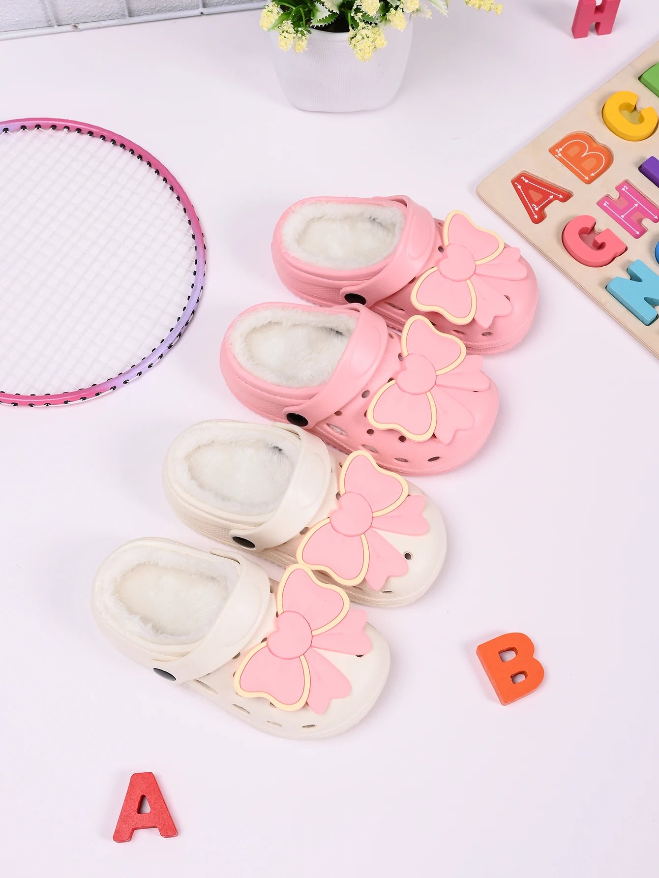 New Winter Bow DIY Girls' Slippers Comfortable Plush Anti Slip Warm Shoes Grils and Boys' Home Slippers For Kids - ZOOMNSTORE