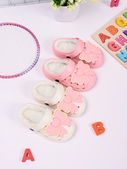 New Winter Bow DIY Girls' Slippers Comfortable Plush Anti Slip Warm Shoes Grils and Boys' Home Slippers For Kids - ZOOMNSTORE