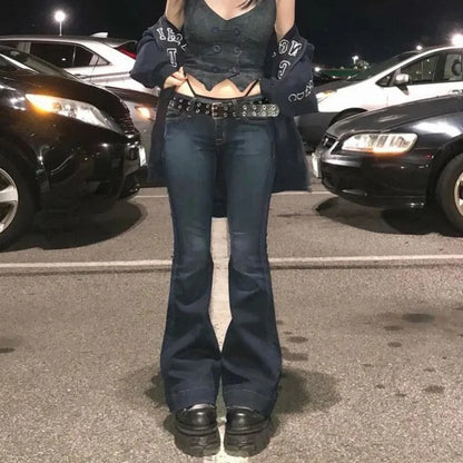 New y2k Flare Jeans Vintage Low Waisted Cute Trousers Aesthetic Streetwear Casual Cargo Pants Women Korean Distressed Jean - ZOOMNSTORE