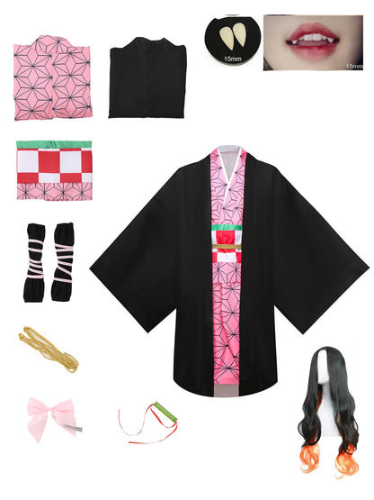 Anime Kimetsu No Yaiba Kamado Nezuko Cosplay Costume Kimono Demon Slayer Cosplay Wigs Hairs Halloween Carnival Women Outfit - ZOOMNSTORE