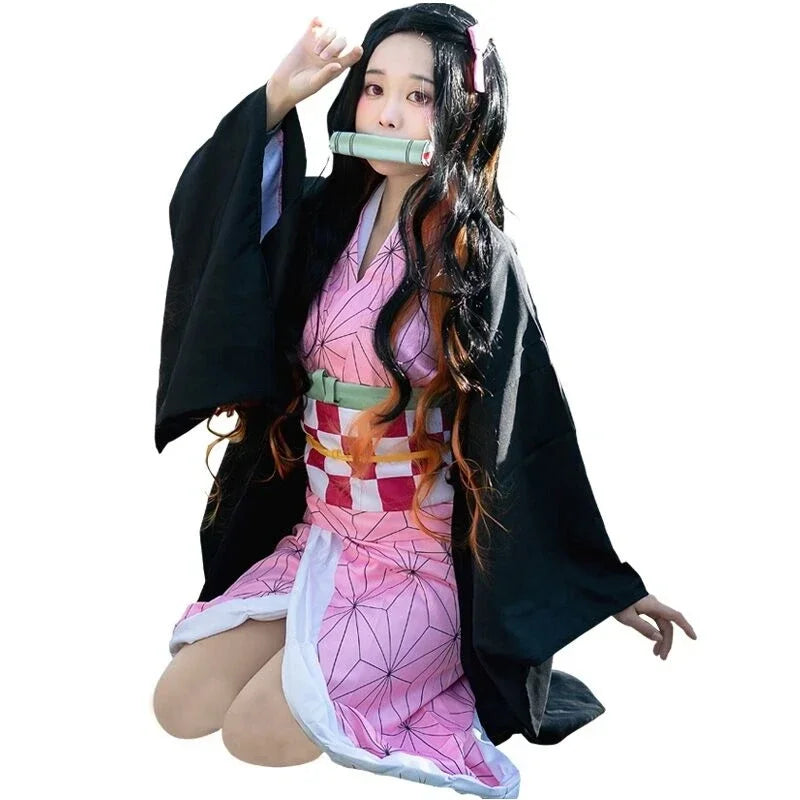 Anime Kimetsu No Yaiba Kamado Nezuko Cosplay Costume Kimono Demon Slayer Cosplay Wigs Hairs Halloween Carnival Women Outfit - ZOOMNSTORE