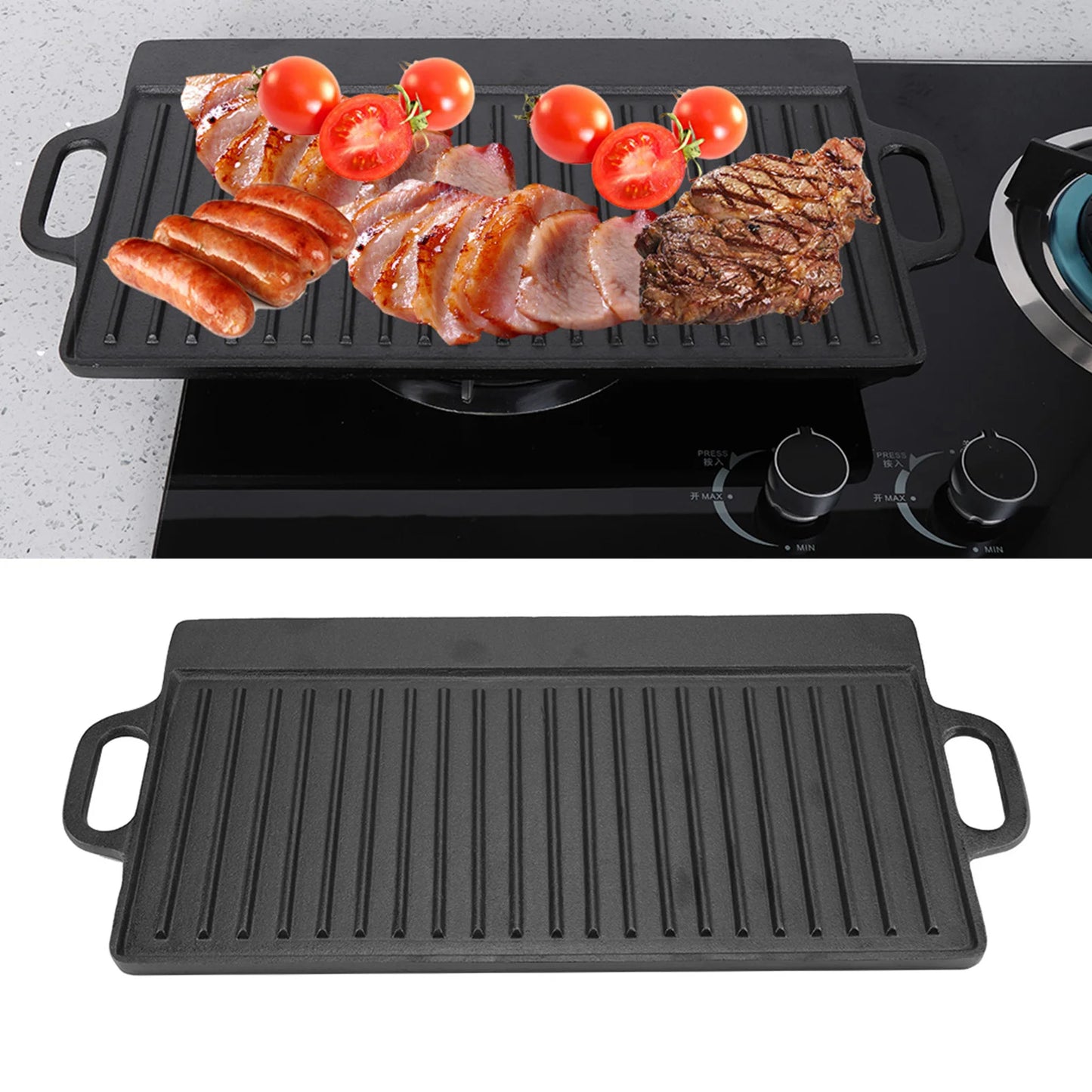 Non Stick Grill Pan | Pre Seasoned Cast Iron Double Sided Griddle For Oven, BBQ & Induction - ZOOMNSTORE