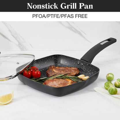 Nonstick Grill Pan - 10 Inch Square Grill Skillet with Lid, Bakelite Handle - ZOOMNSTORE