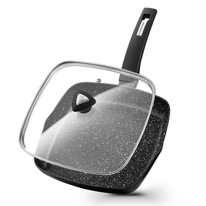 Nonstick Grill Pan - 10 Inch Square Grill Skillet with Lid, Bakelite Handle - ZOOMNSTORE