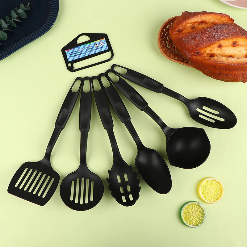 Nylon Kitchen Utensil Set – 6Pcs Non Stick Cooking Tools Black Spatula Ladle Spoon - ZOOMNSTORE