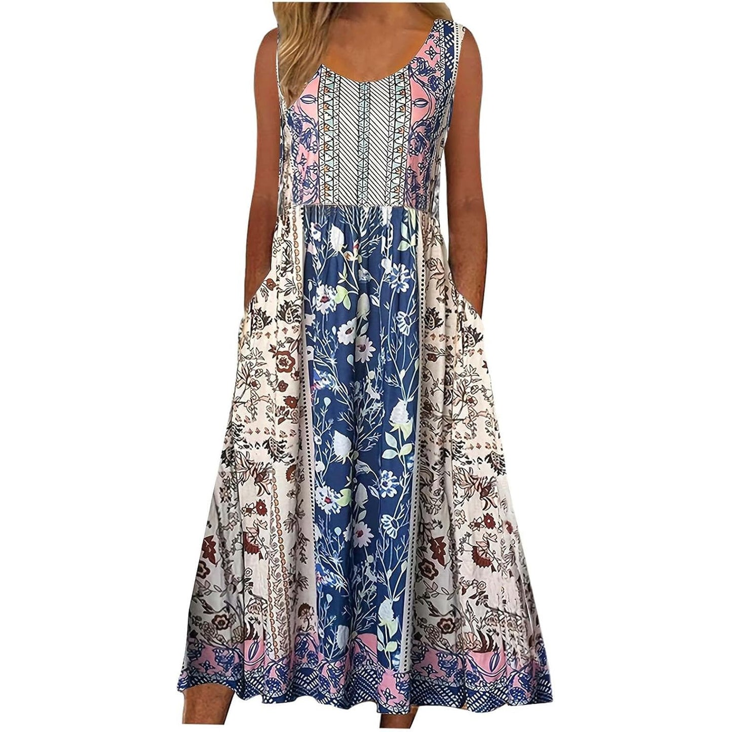 Sleeveless Pullover Dress - Women's Casual Knee-Length Print Pattern Dress in Polyester
