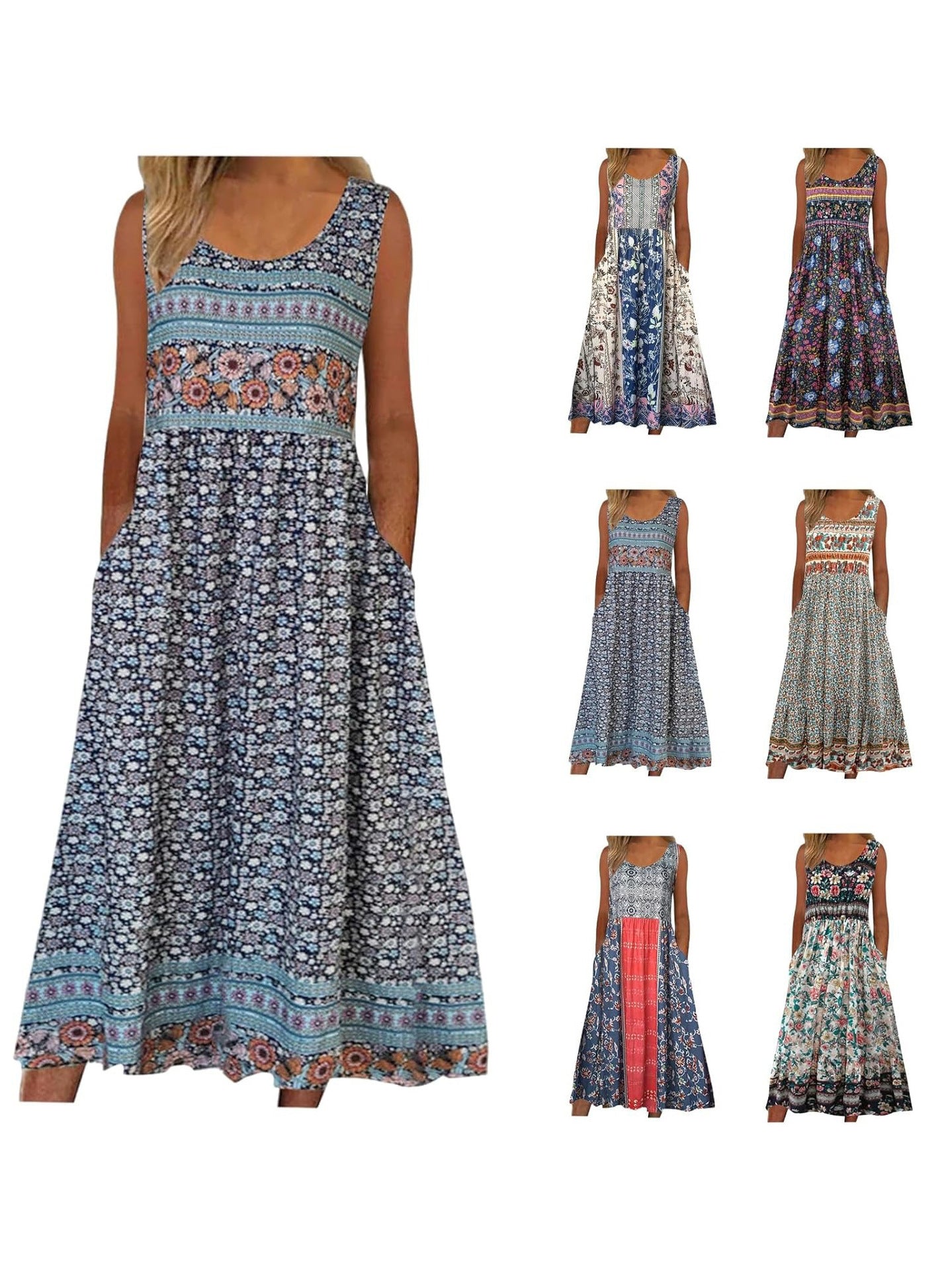 Sleeveless Pullover Dress - Women's Casual Knee-Length Print Pattern Dress in Polyester