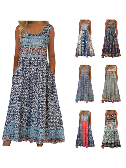 Sleeveless Pullover Dress - Women's Casual Knee-Length Print Pattern Dress in Polyester