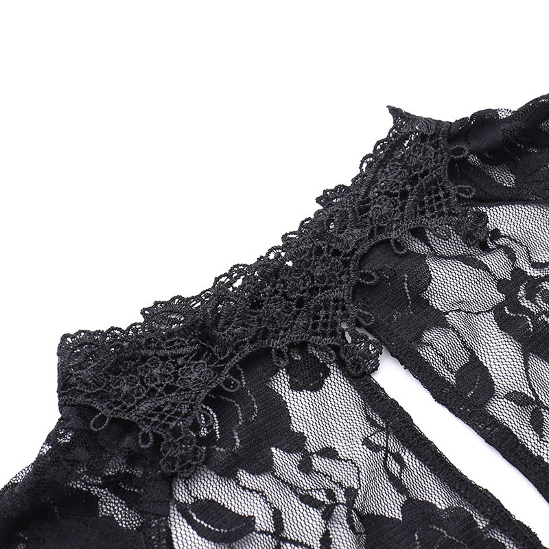 AltGoth Aesthetic Gothic Midi Dress Women Vintage Elagnt Lace Patchwork See Through Flare Sleeve High Waist Clubwear Dress Femme