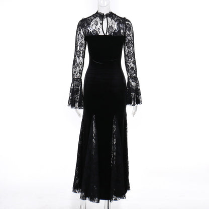 AltGoth Aesthetic Gothic Midi Dress Women Vintage Elagnt Lace Patchwork See Through Flare Sleeve High Waist Clubwear Dress Femme