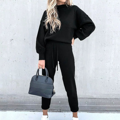 2025 Autumn and Winter Women's Sweater High Collar Casual Pure Color Trousers Two-piece Set