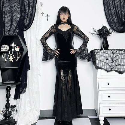 AltGoth Aesthetic Gothic Midi Dress Women Vintage Elagnt Lace Patchwork See Through Flare Sleeve High Waist Clubwear Dress Femme
