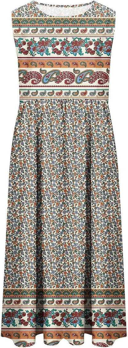 Sleeveless Pullover Dress - Women's Casual Knee-Length Print Pattern Dress in Polyester