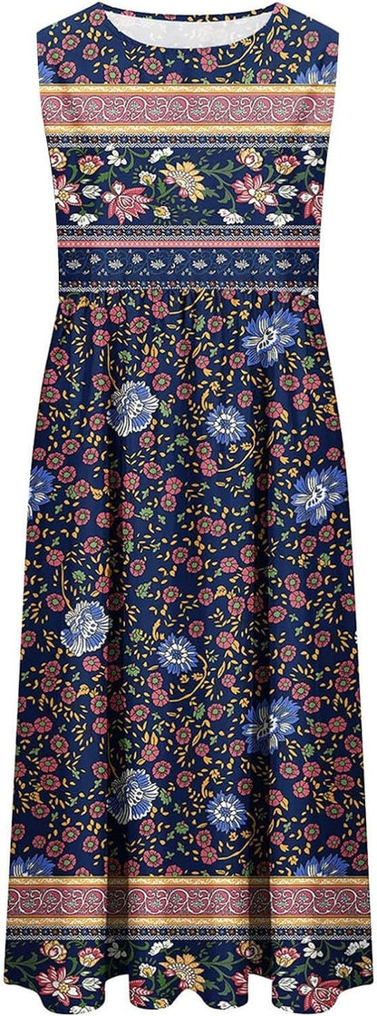 Sleeveless Pullover Dress - Women's Casual Knee-Length Print Pattern Dress in Polyester