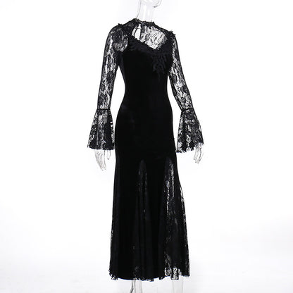 AltGoth Aesthetic Gothic Midi Dress Women Vintage Elagnt Lace Patchwork See Through Flare Sleeve High Waist Clubwear Dress Femme