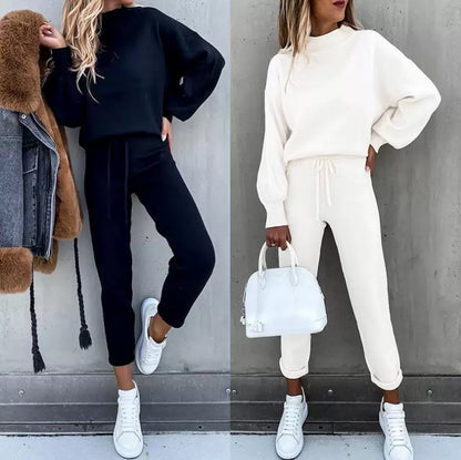 2025 Autumn and Winter Women's Sweater High Collar Casual Pure Color Trousers Two-piece Set